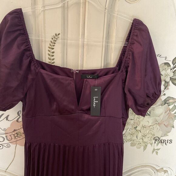 Lulus Flawless Forever Dress Women's L Dark Purple Midi Satin Pleated NWT - Picture 6 of 11